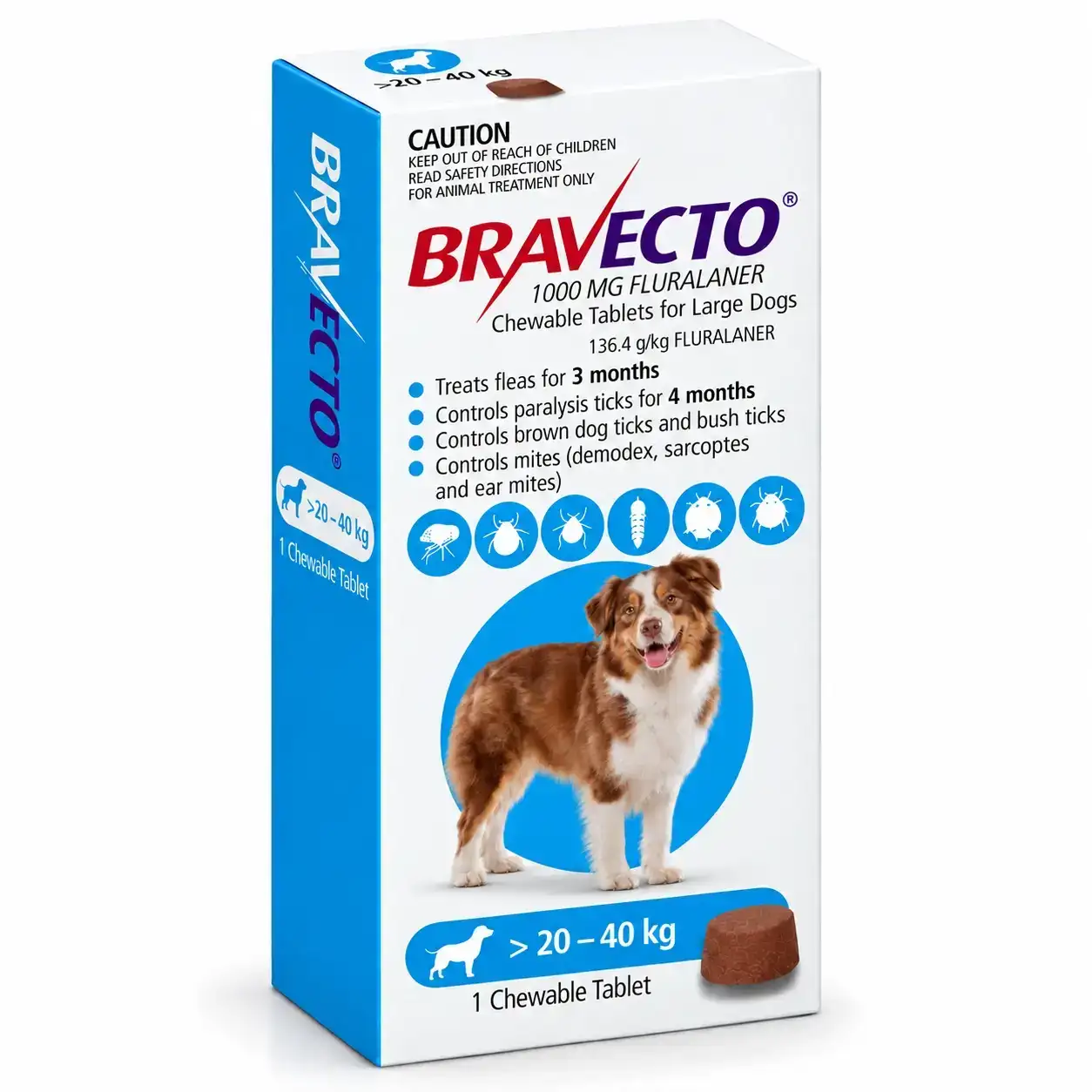 Bravecto 20-40kg (Fluralaner) Tablet Dog Tick & Flea Control (1 Tablet)