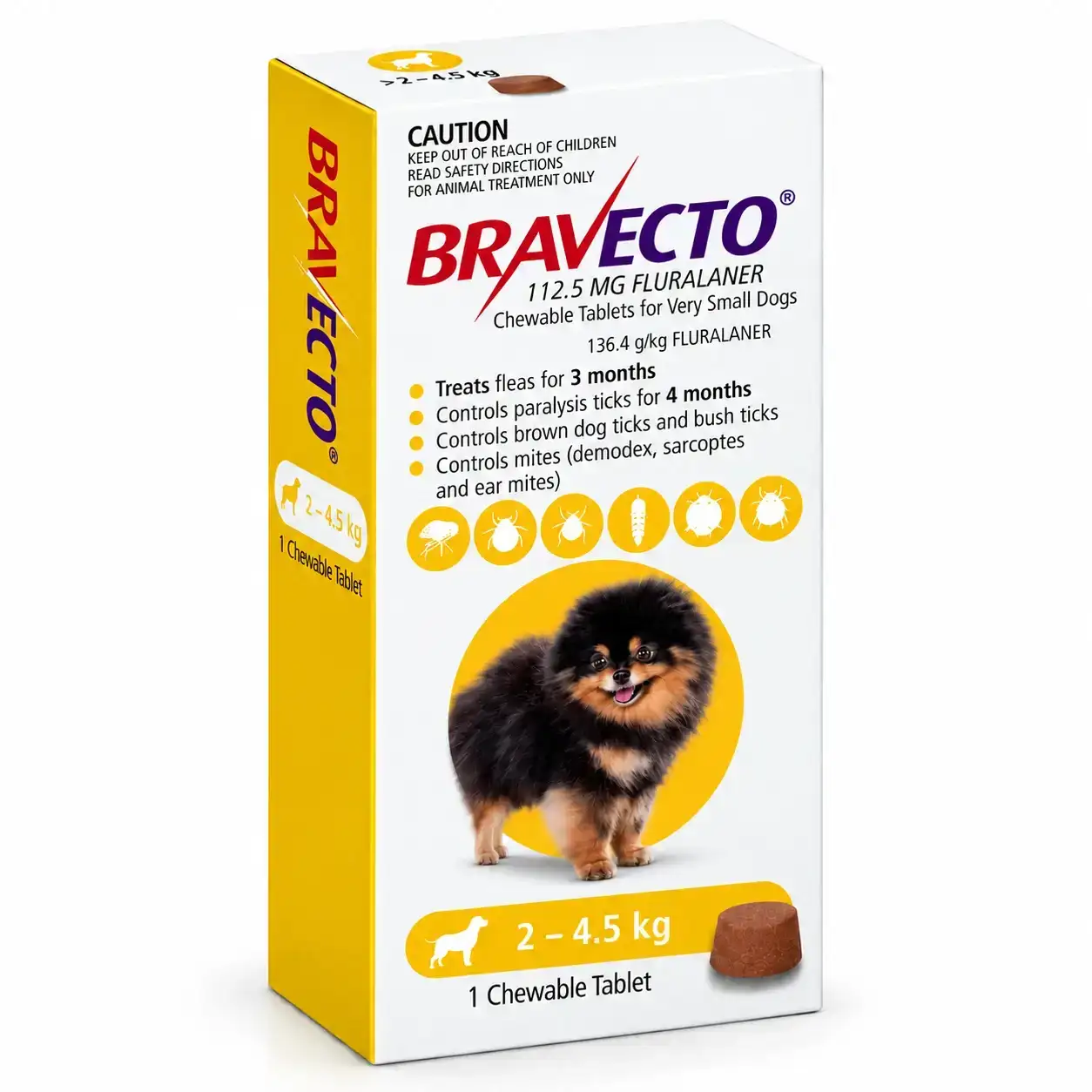 Bravecto 2-4.5kg (Fluralaner) Tablet Dog Tick & Flea Control (1 Tablet)