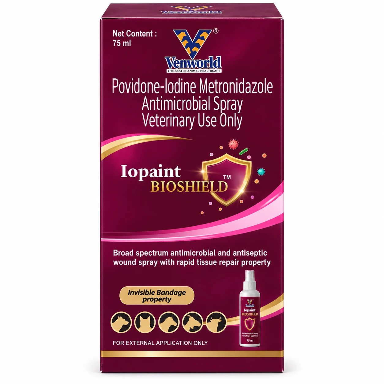 Venkys Iopaint (Povidone Iodine) Wound Care & Antiseptic Spray for Dogs & Cats – 75 ml